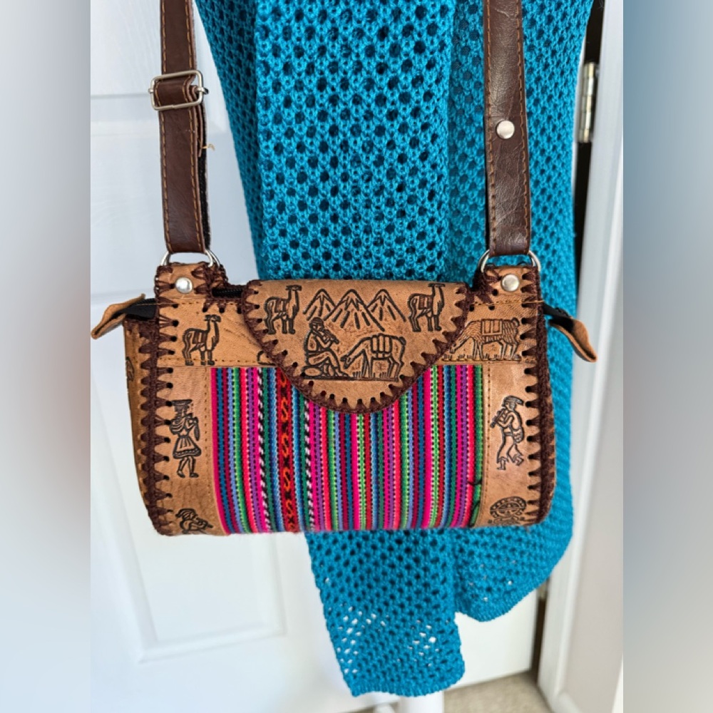 Etched Brown Leather and Vibrant Pink Patterned Shoulder Bag